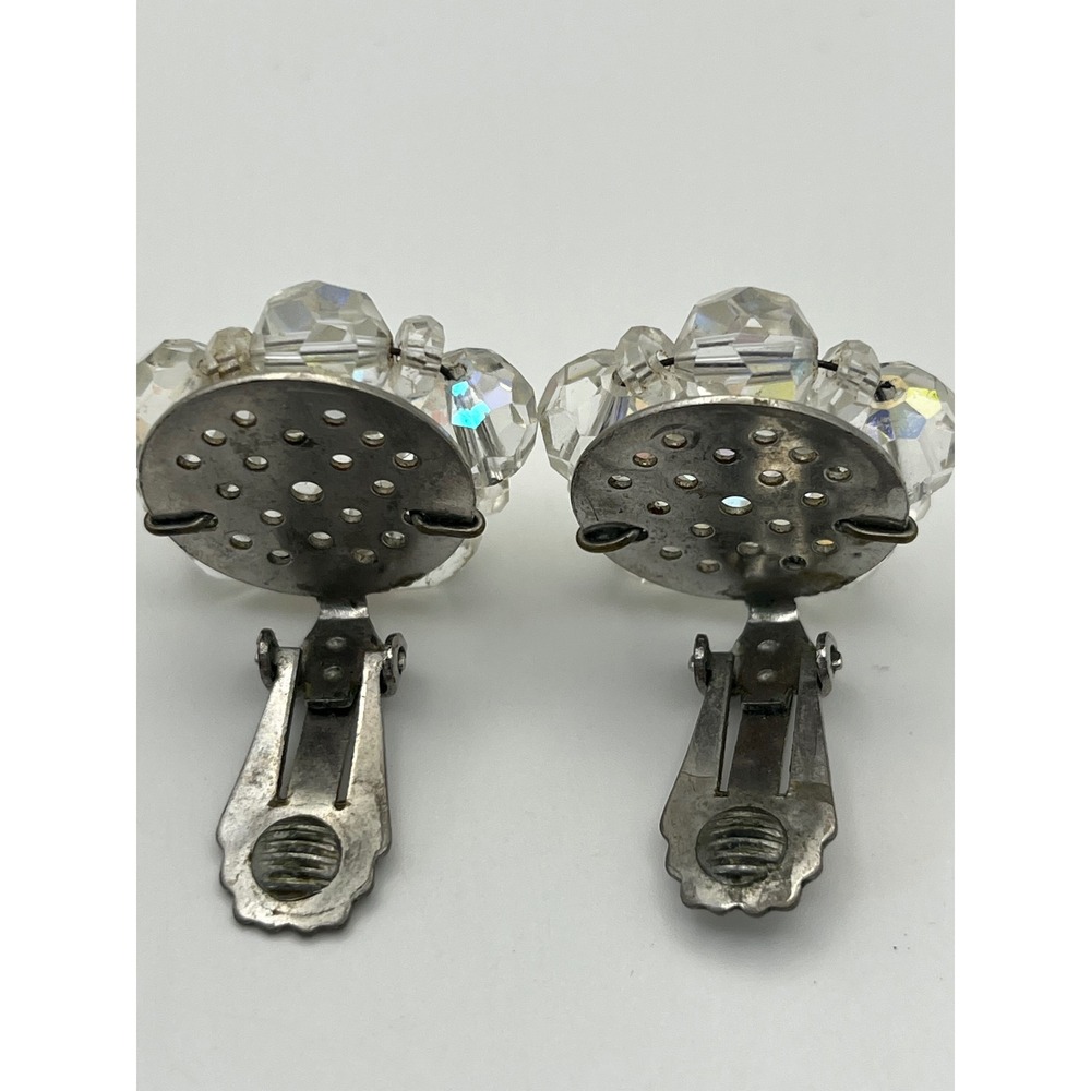 Vintage Aurora Borealis Crystal Cluster Clip On Earrings Iridescent Silver Tone - Picture 4 of 11